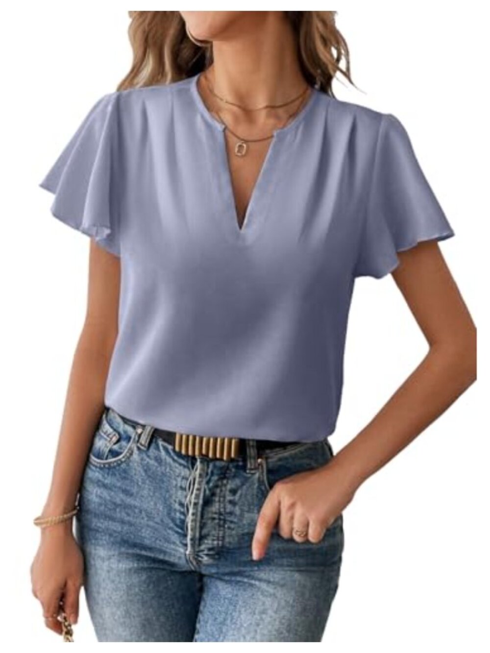 Women's Chiffon Blouse V Neck Ruffle Sleeve Dressy Casual Work Top